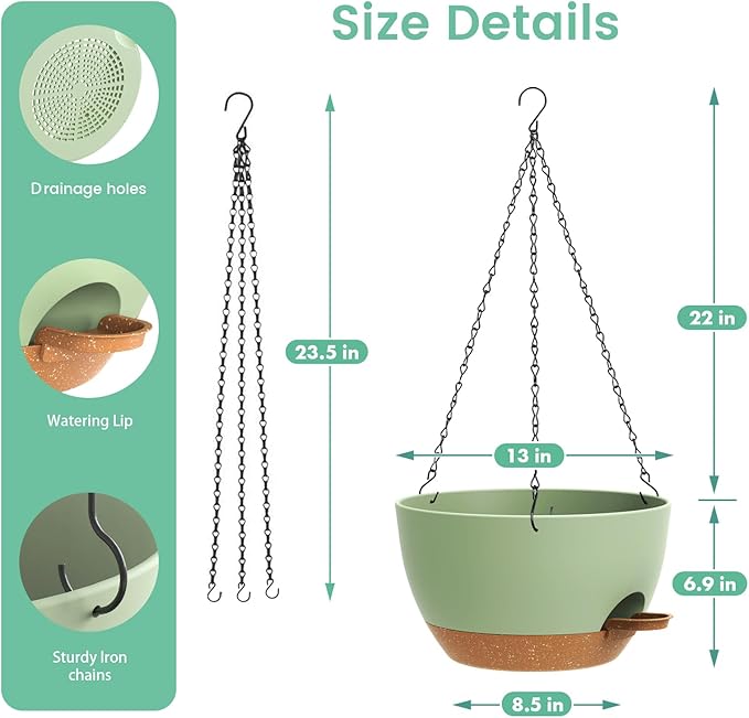 13 Inch 2 Pack Large Self Watering Hanging Planters for Indoor Outdoor Plants, Hanging Plant Pots with Removable 50 Oz Reservoir, Plastic Hanging Basket for Window Porch Garden, Green with Brown