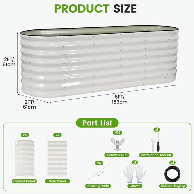 Galvanized Raised Garden Bed Outdoor 24'' Deep | Oval Metal Garden Beds with Easy Assembly & Planter Box for Planting Deep Root Vegetables Fruits Flowers, 6x2x2ft White