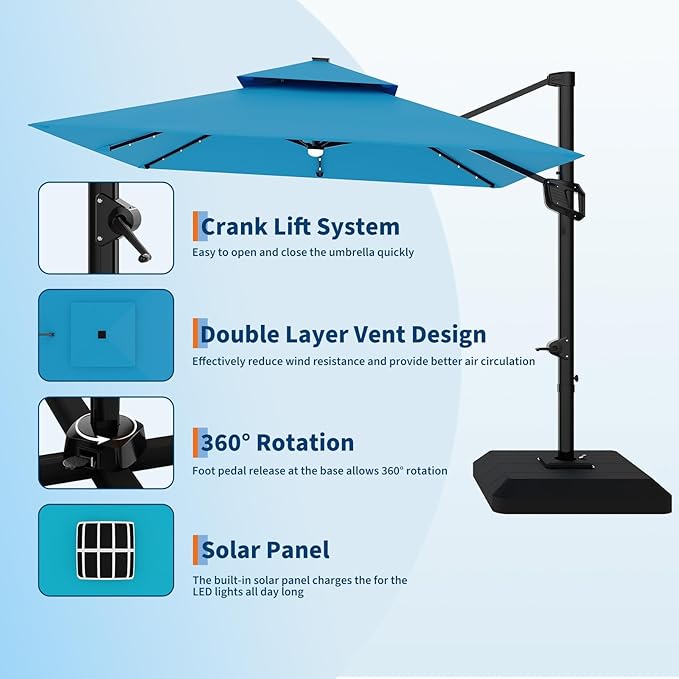 Garvee 10 ft Cantilever Patio Umbrella with Solar Lights, 360° Rotation Offset Umbrella, Easy Crank & Tilt Adjustment, UV Protection for Backyard, Poolside, Deck -Turquoise