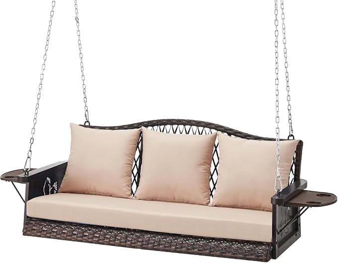 Upgraded Wicker Hanging Porch Swing Heavy Duty 900lbs 3-Seat Outdoor Patio Swing Chair Bench for Adult w/ 8.9ft Hanging Chains Cushions and Cup Holder