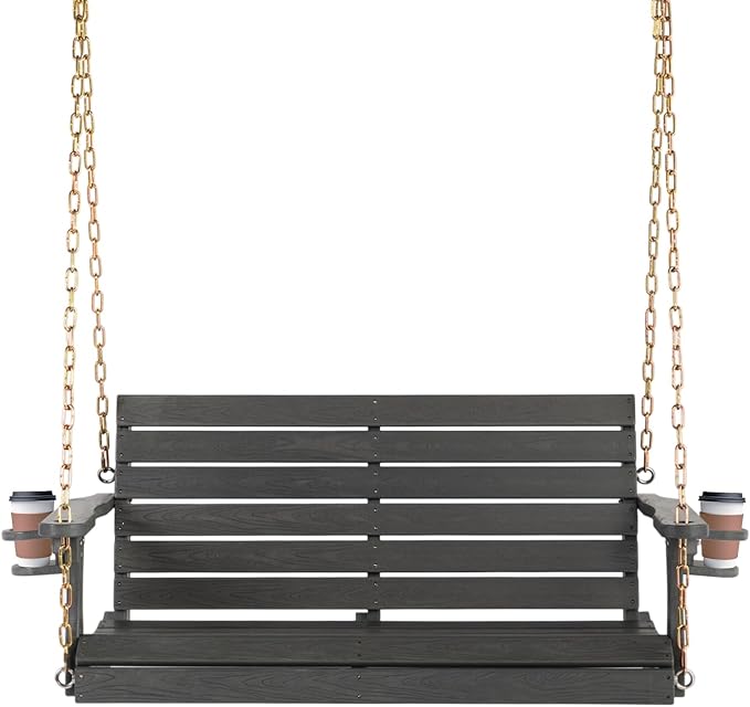 VINGLI Heavy Duty 1600 LBS HDPE Porch Swing Outdoor with Rotatable Cup Holder, 4 FT Patio Bench Swing with Adjustable Chains, 2 Person Hanging Porch Swing Chair for Porch, Yard, Tree, Garden - Grey