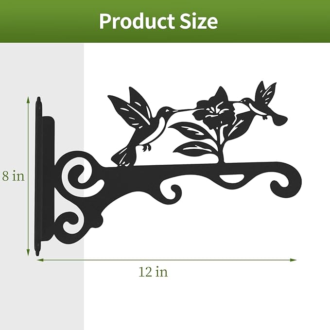 Elegant Bird Pattern Wall Hooks - 10/12/14 Inch Metal Plant Hangers for Indoor & Outdoor - Rust-Resistant Bracket for Plants, Feeders, Chimes, Lanterns (4, Black, 12 inch)