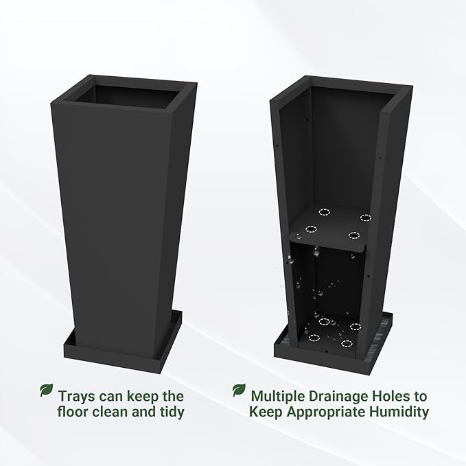 Tall Outdoor Planters Set of 2, 24 inch Tall Planters for Outdoor and Indoor, Metal Tapered Pots with Drainage Holes & Insert Shelves & Trays for Porch, Garden, Patio, Yard