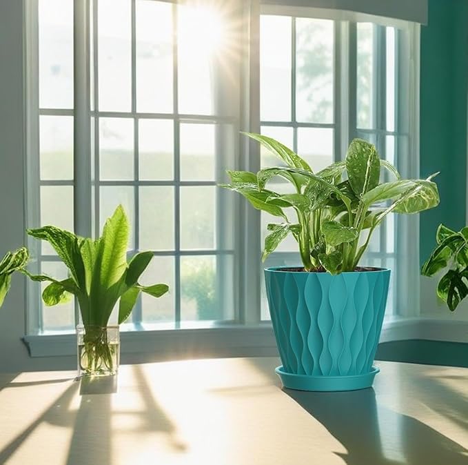 4 Inch Plant Pots, 6 Pack Indoor Flower Pots, Planters with Drainage Holes and Trays for Orchids, Violets, Succulents, Herbs, and Other Plants,Blue-Green