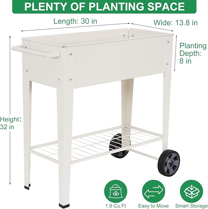 Elevated 32" Tall Raised Garden Bed with Legs and Wheels for Mobility, Metal Planter Boxes Outdoor with Shelf, Raised Bed for Gardening Vegetables/Herbs, Backyard, Patio, Balcony, White