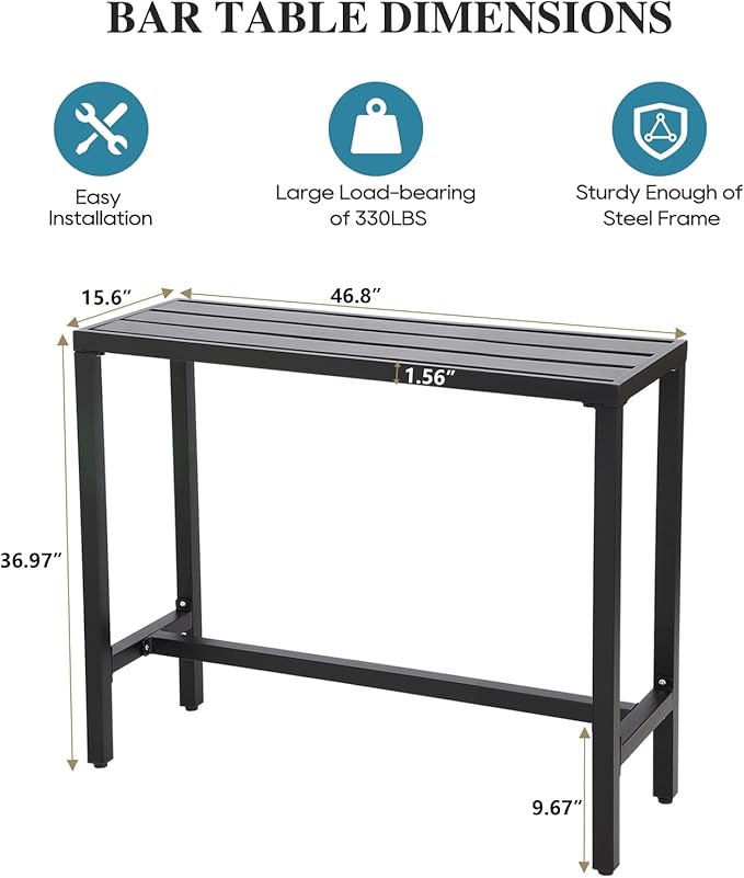 Outdoor Bar Table, Patio Console Pub Height Tables with Powder Coated Steel Frame, Weather Resistant Waterproof Top for Hot Tub, Balcony, Garden, Yard, Poolside (Black, 47" Narrow Bar Table)