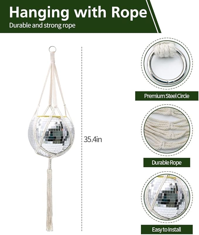 Disco Ball Planter, 8" Silver Disco Ball Planter, Disco Ball Plant Hanger with Hanging Rope, Hanging Chain, Hook, Circle and Extra Mirror Pieces