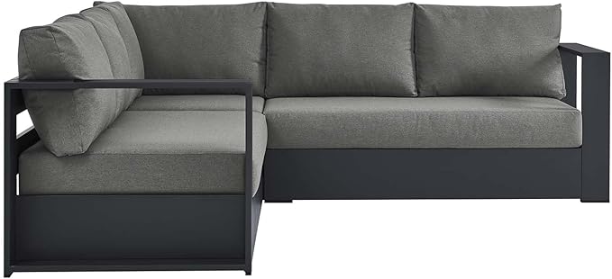 Modway Tahoe Aluminum 3-Piece Outdoor Patio Furniture Gray Charcoal, Modular Sectional Sofa Set with Weather-Resistant Cushions, Ideal for Deck, Backyard Poolside