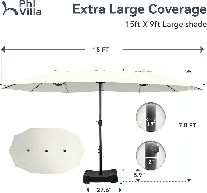 PHI VILLA 15ft Large Patio Umbrellas with Base Included, Outdoor Double-Sided Rectangle Market Umbrella with Stand, Outside Umbrellas for Poolside Lawn Backyard, Ivory