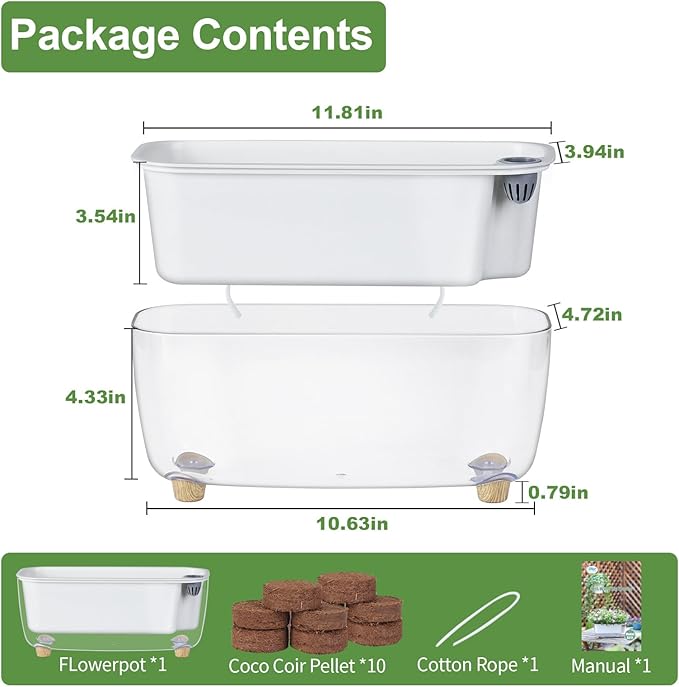 Self Watering Planter with Coco Coir Pellets, 11.8 Inch Plastic Rectangular Windowsill Plant Pot with Drainage Holes, High Clear Modern Decorative Flower Pot for Indoor Plants, African Violets