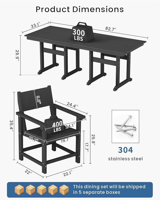 9-Piece Outdoor Dining Set, HDPE Weatherproof Patio Table and Chairs Set for 8, Outdoor Patio Furniture Sets with Umbrella Hole for Outside, Deck, Backyard, Garden (Black)