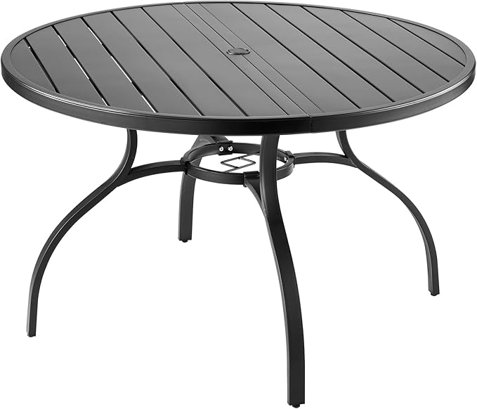 VEVOR Outdoor Patio Dining Table, 47 inch Round Metal Steel Slat Backyard Bistro Tables, with 1.5 in Umbrella Hole, Outside All-Weather Large Furniture for Lawn Garden Porch, Black