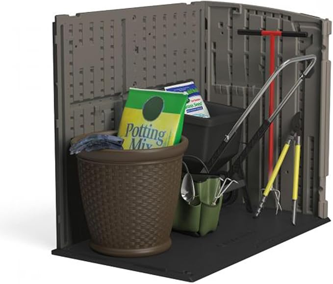 Suncast 34 Cu Ft Horizontal Resin Storage Shed - Outdoor Storage Shed with Floor Included, Lockable, Weatherproof, Fits Small to Medium Trash Cans, Generators, & Garden Tools, Stoney Black