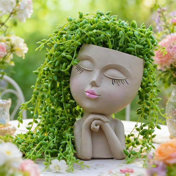 Face Head Planter, Funny Heads Plant Pots, Cute Girl Faces Plant Pot, Decorative Flower Pots, Cute Succulent Pots with Drainage for Home Garden Decor, Plant Lover's Gifts for Women (7" Khaki)