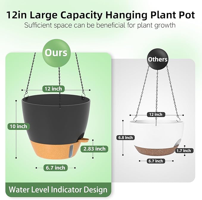ZMTECH 12 Inch Hanging Planters for Indoor Outdoor Plants, 2 Pack Self Watering Hanging Plant Pots with Drainage Hole, Visual Reservoir, Plastic Flower Hanging Pots with Watering Lip (Black)