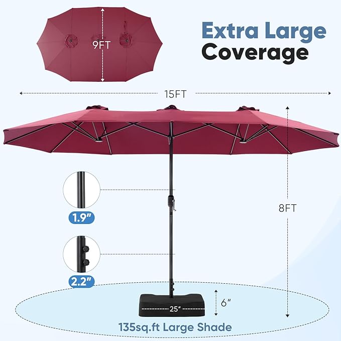 DUMOS 15FT Large Patio Umbrella with Base Included, Heavy Duty Extra Wide Outside Umbrella with 12 Ribbed Bars, Rectangle Outdoor Table Umbrella for Patio, Backyard, Pool, Deck & Garden, Red