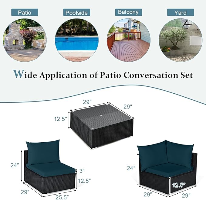 Tangkula 7 Piece Patio Furniture Set, Outdoor Wicker Sectional Sofa with Pillows and Cushions, and Coffee Table, Patio Conversation Set for Garden, Lawn (Peacock Blue)