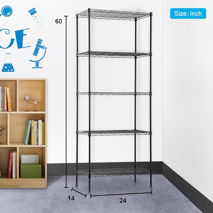 BestOffice | 5-Tier Wire Storage Shelves | 14x24x60 | Black| Heavy-Duty Metal Shelf, Holds Upto 750 lbs | No-Tool Assembly | Ideal for Home & Garage Shelving