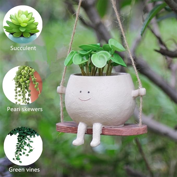 Swing Face Planter Pot - Hanging Smiley Planter for Indoor and Outdoor Plants, Succulents, String of Pearls - Cute Creative Swing Gifts for Holidays and Parties