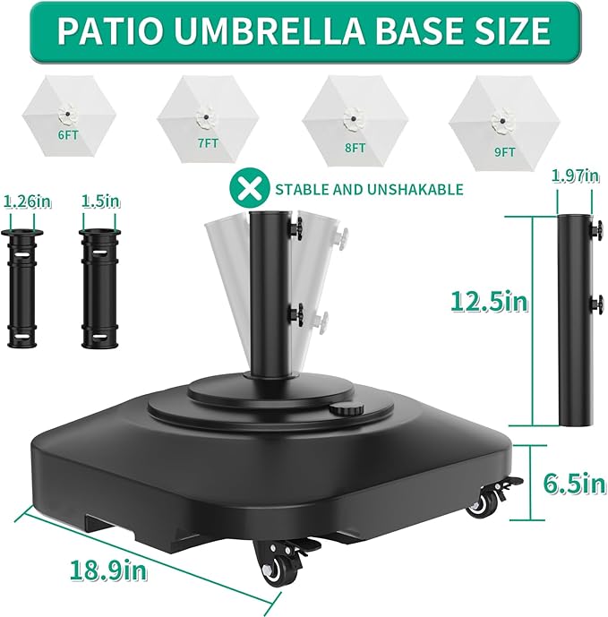 Umbrella Base with Wheels, Umbrella Stand Base Heavy Duty 100lb Windproof, Fillable Umbrella Base Mobile Square Umbrella Stand Outdoor Base for Patio, Deck, Poolside, Lawn, Fits Most Sized Umbrellas
