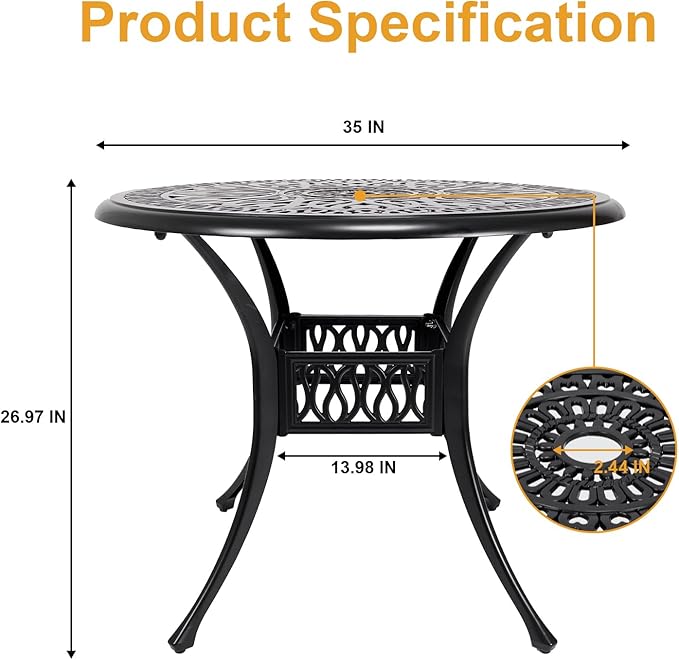 35" Outdoor Dining Table, Cast Aluminum Patio Bistro Table with 2.44" Umbrella Hole, Patio Furniture for Backyard Garden, Black