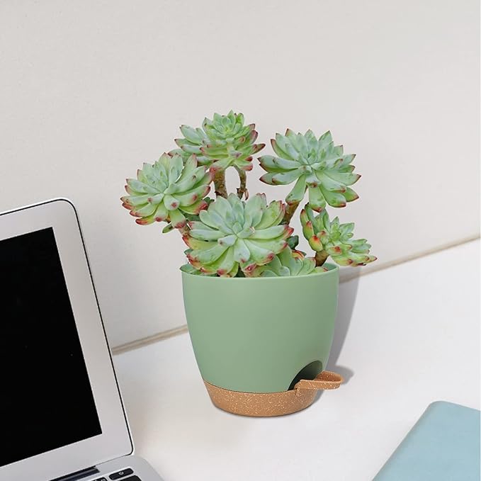 Self Watering Planters with Drainage Holes Reservoir,Nursery Planting Pot for Indoor Decor Garden Plants Succulents,Snake Plant, African Violet,Plastic Flower Pots Set 7+6.5+6+5.5+5 Inch (Green)
