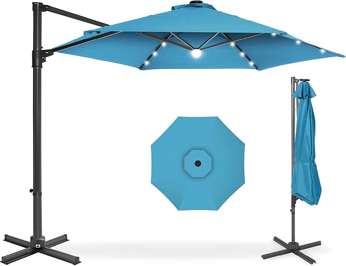Best Choice Products 10ft Solar LED Offset Cantilever Hanging Market Patio Umbrella, Smooth 360° Rotation, 8 Sturdy Ribs, Easy Adjustment - Sky Blue