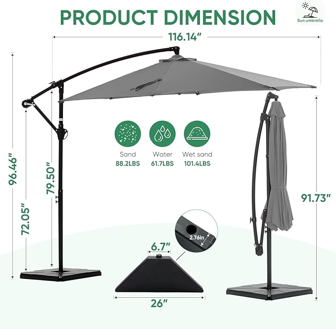 NEWBULIG 10FT Patio Umbrella, Offset Cantilever Outdoor Patio Table Umbrella, UV Protection, Fade Resistant Fabric, Easy Tilt Adjustment for Pool, Deck, Garden, Backyard