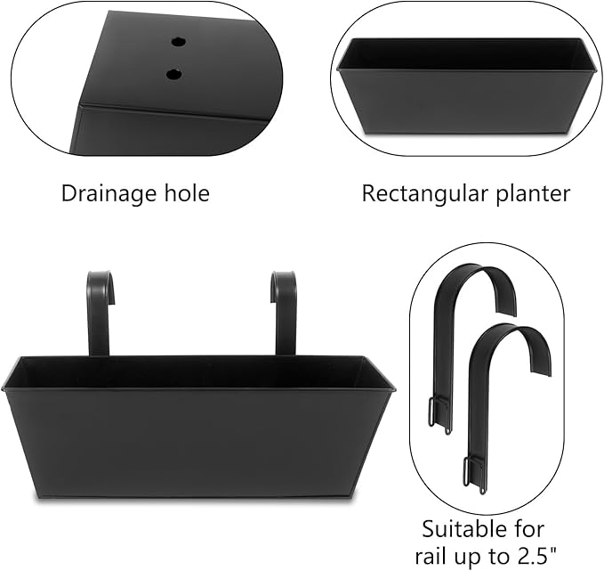 Railing Planters Outdoor Balcony 16 Inch Deck Over The Railing Planter Boxes Hanging Planters for Fence Flower 5 Pcs (Black)