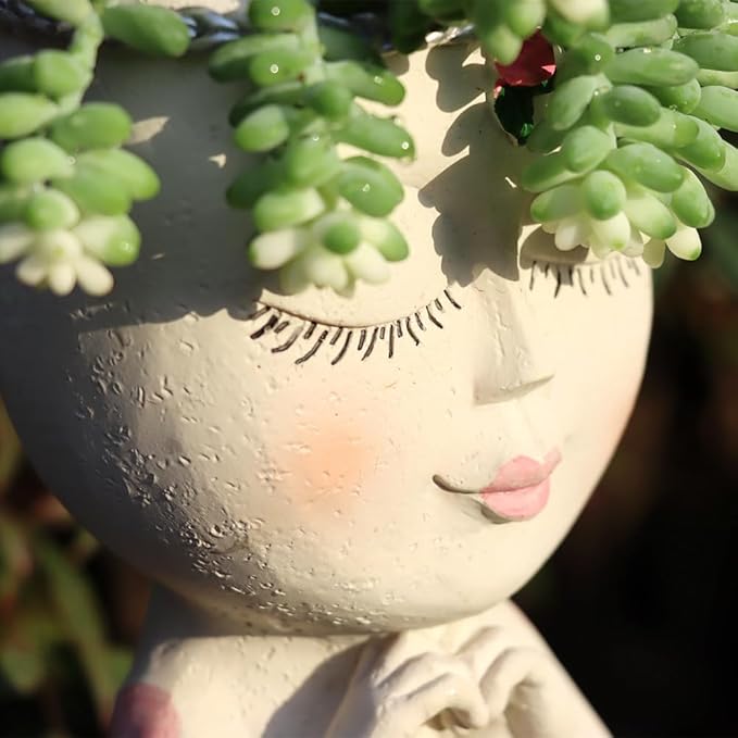 Face Planter Pot with Heart Hands, Resin Head Planter for Indoor Plants, Cute Succulent Pots with Drainage Hole, Gardening Gifts for Women Mom Teacher, 7.3" Home Decor (White)