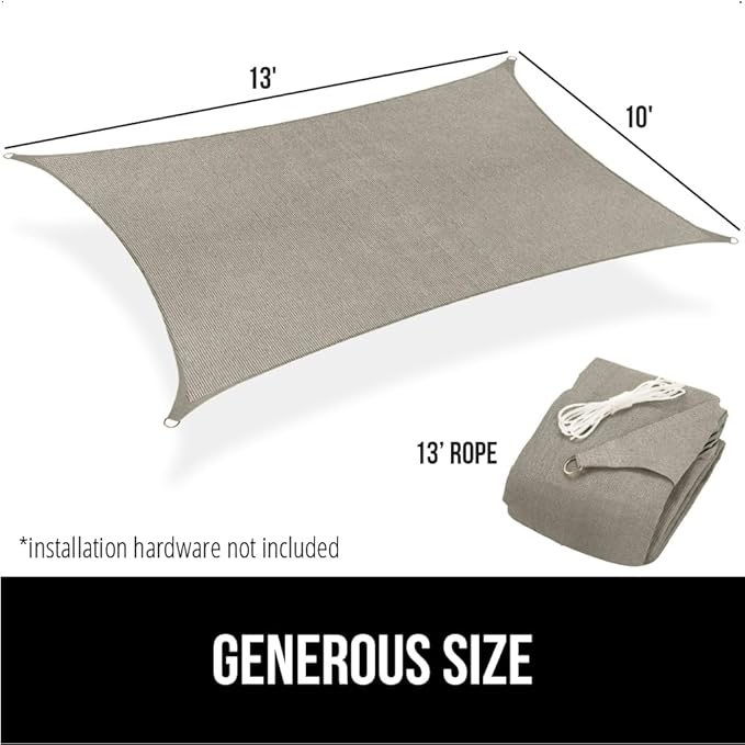 GORILLA GRIP Heavy Duty Sun Shade, UV Protection Fade Tear and Rust Resistant Rectangle Sunshade Canopy, Curved Edges Blocks Sunlight, Breathable Sail, Outdoor Patio, Lawn Garden 10x13 FT Gray