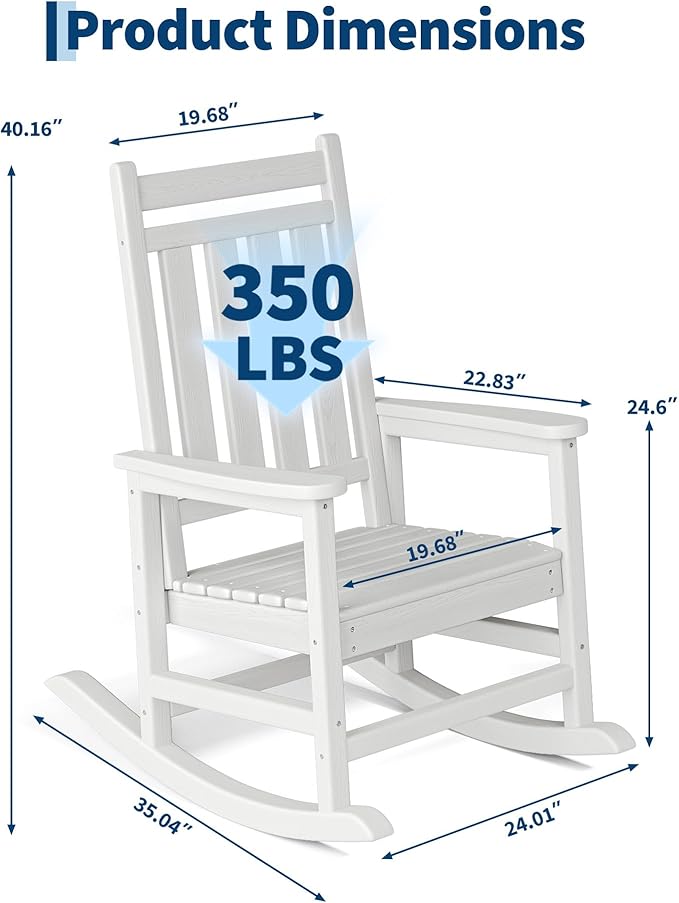 HDPE Rocking Chair Outdoor Set of 2 - Poly High Back Porch Rocker Chairs for Adults - All Weather Resistant Furniture for Patio Front Porch - White