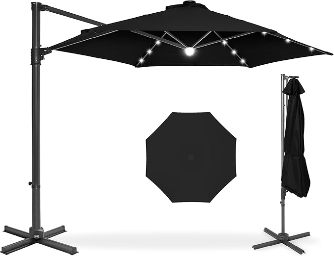 Best Choice Products 10ft Solar LED Offset Cantilever Hanging Market Patio Umbrella, Smooth 360° Rotation, 8 Sturdy Ribs, Easy Adjustment - Black