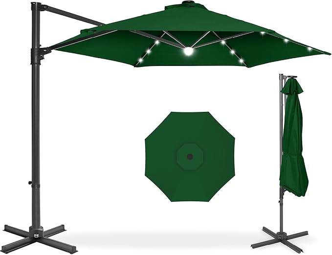 Best Choice Products 10ft Solar LED Offset Cantilever Hanging Market Patio Umbrella, Smooth 360° Rotation, 8 Sturdy Ribs, Easy Adjustment - Green