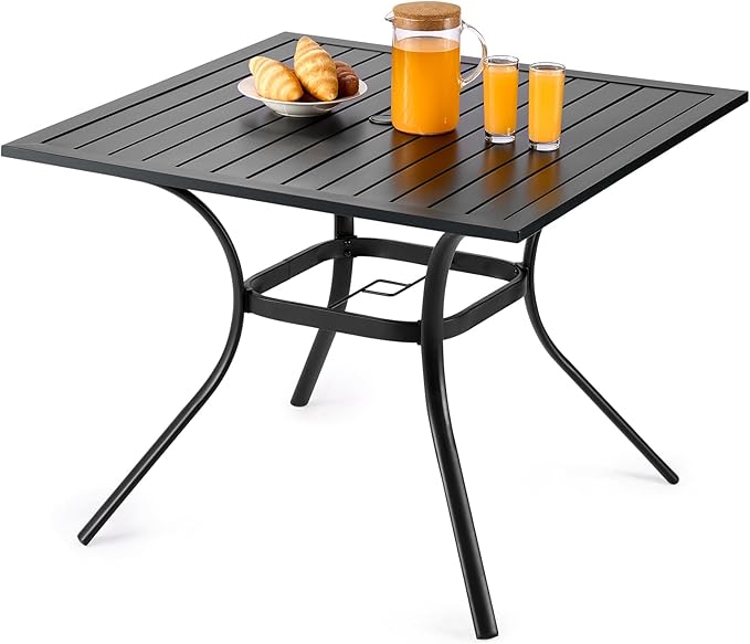 VEVOR Outdoor Patio Dining Table, 37 inch Square Metal Steel Slat Backyard Bistro Tables, with 1.5 in Umbrella Hole, Outside All-Weather Large Furniture for Lawn Garden Porch, Black