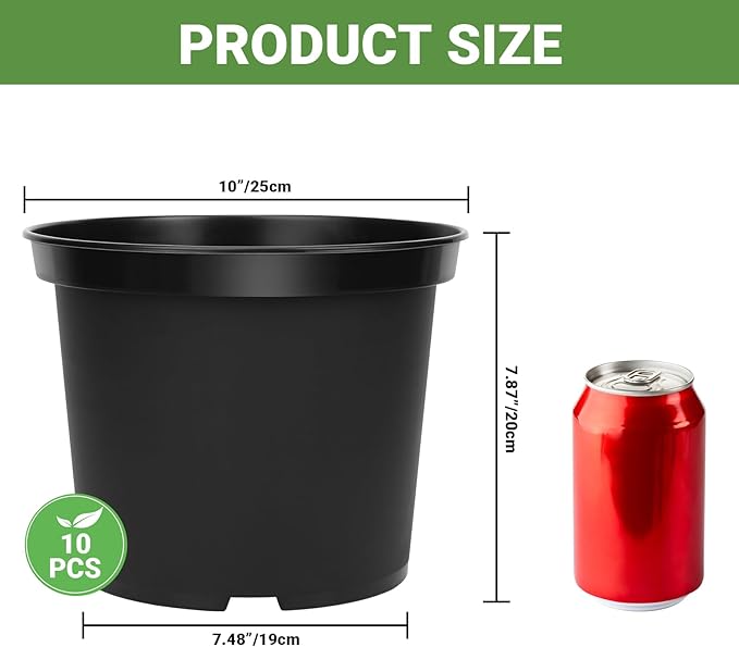 GREANER Plant Nursery Pots, 10 Inch Round Sturdy Garden Pots for Outdoor Indoor Plants, Plastic Black Seed Starting Container for Succulents, Seedlings(10PCS)