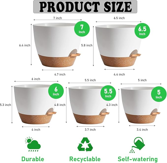5-Pack Plant Pots with Drainage for Winter Care 7/6.5/6/5.5/5 Inch, Self Watering Pots for Indoor Plants, Planters for Indoor Outdoor Plants, Plastic Flower Pot, Planter for Indoor Outdoor (White)