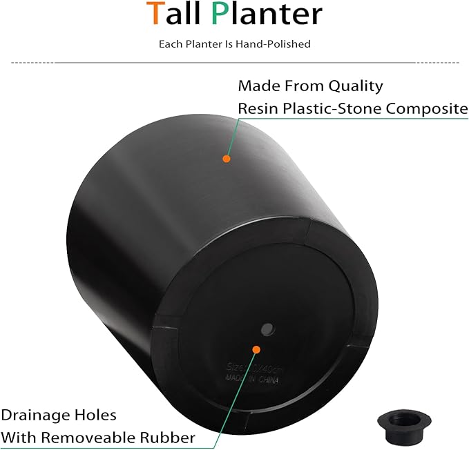 Wide Planters for Outdoor Plants, Extra Large Indoor Flower Pots for Garden, Front Porch, Patio - Round Resin Planter Set of 2 (Black, 16 inch - 2 Pack)