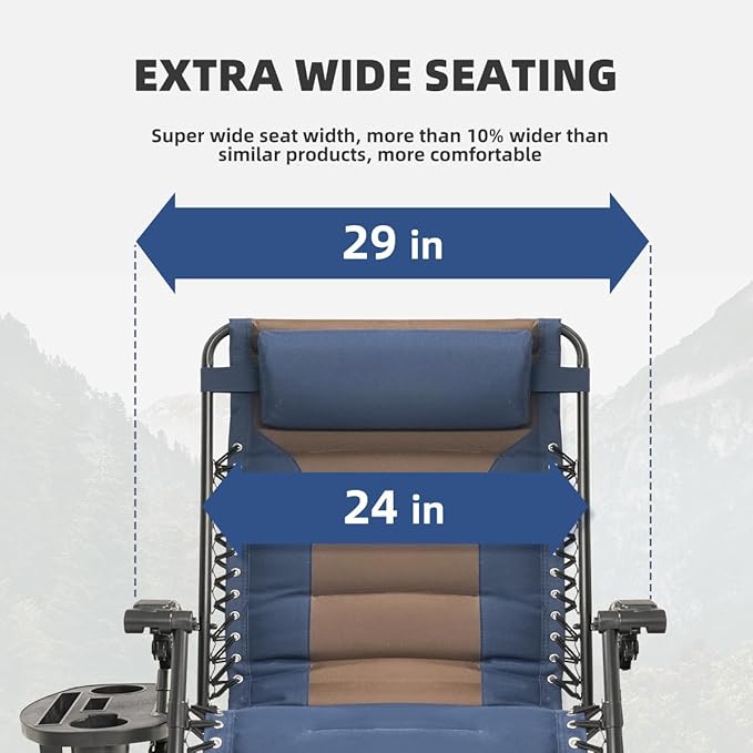 Zero Gravity Chair Set of 4 Oversized Padded Recliner with Adjustable Headrest & Cup Holder - 600D Oxford Folding Lounge Chair for Outdoor Camping, Patio, Poolside (Brown & Blue)