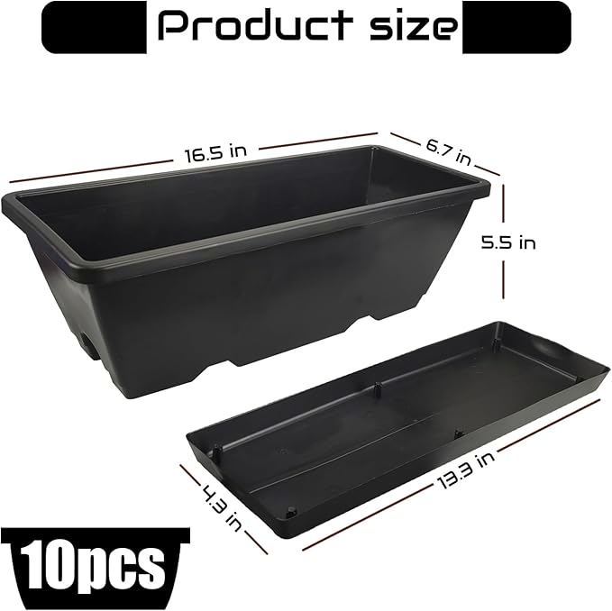 QPEY Window Box Planter, 10 Pack 17 Inch Plastic Flower Box with Tray Rectangular Planters for Outdoor Indoor Plants Garden Home Decor (Black)