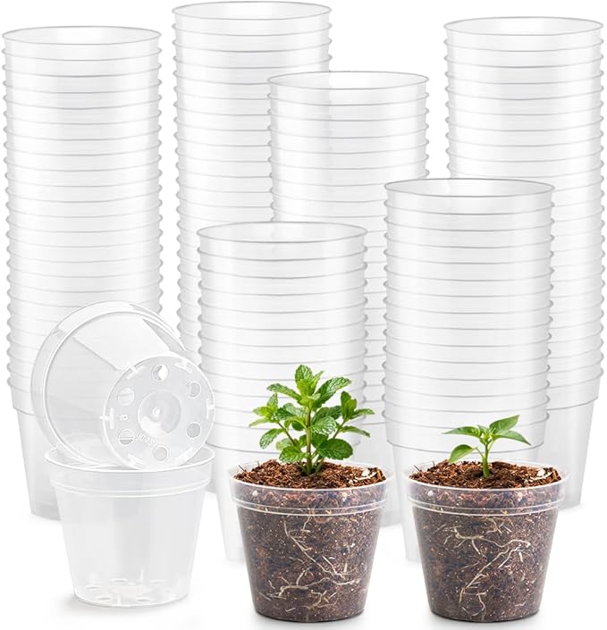 BTPLASTIK 200 Pack 2.5 Inch Clear Nursery Pots with Drainage Hole, Transparent Seed Starter Pots, Sturdy Plastic Plant Pot for Planting Seedlings Vegetables Herbs, Gardening Gifts