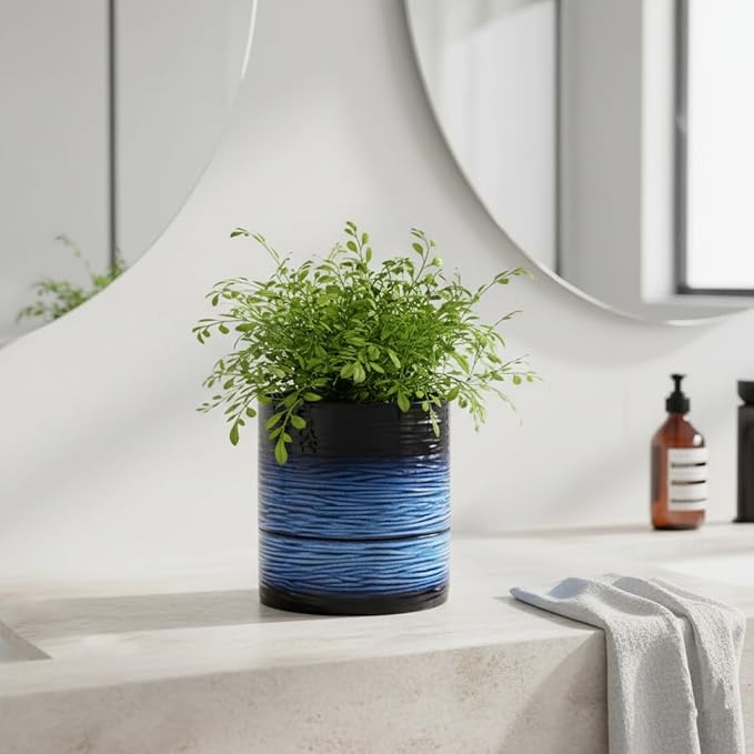 Nihow Self Watering Plant Pot: 6 Inch Ceramic Planter with Drainage Hole & Water Storage Plus for Indoor & Outdoor Plants - Cylinder Round Flower Pot for Succulent/Herbs/Violets - Black & Vivid Blue