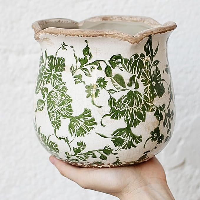 Tuscan Ceramic Plant Pots, 6.11 Inch Vintage Planters with Drainage Hole for Indoor Plants, Farmhouse Green Scroll Vase & Flower Pots, Home Kitchen Garden Decor, Plant Lover Gifts