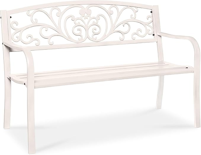 Best Choice Products Outdoor Bench Steel Garden Patio Porch Furniture for Lawn, Park, Deck w/Floral Design Backrest, Slatted Seat - White