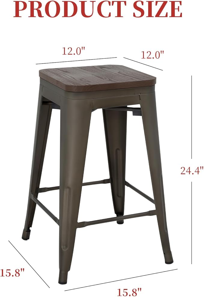 FDW Metal Bar Stools Set of 4 Counter Height Bar Stools 24 Inches Industrial Bar Chairs Patio Stool Stackable Backless Stool Indoor Outdoor Metal Kitchen Stools Bar Chairs (Bronze with Wood, 24")