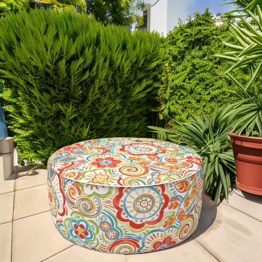 LVTXIII Indoor/Outdoor Inflatable Ottoman with Handle D21 x H9 Inch, Weather-Resistant Round Footstool Pouf for Patio Camping Living Room, Portable Footrest Extra Seating, Flower Multi