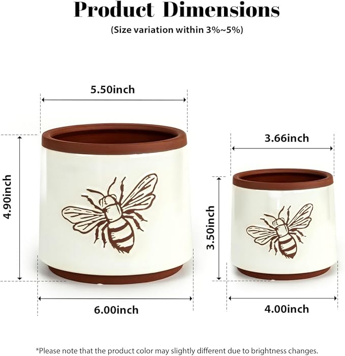 YBX Terracotta Pots Inch with Drainage Holes, Bee Decor, Ceramic Pots for Indoor Plants Flower Pots Outdoor, Succulent, Herbs, Snake Plants (White, 6+4 Inch)