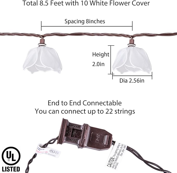 Decorative String Lights Plug in with 10 Incandescent Bulbs, Flower Garland Fairy Lights Connectable Weatherproof Outdoor Indoor for Wedding Garden Pergola Bedroom Porch Floral Home Decor (White)