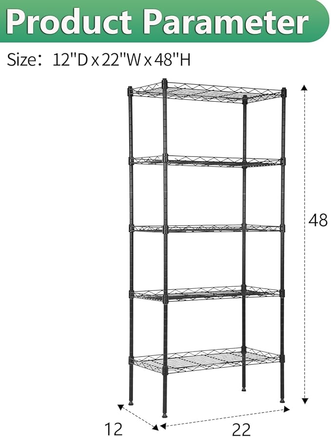 BestOffice | 5-Tier Wire Storage Shelves | 22x12x48 | Black | with Adjustable Racks | Heavy-Duty Metal Shelf, Holds Upto 750 lbs | No-Tool Assembly | Ideal for Home & Garage Shelving