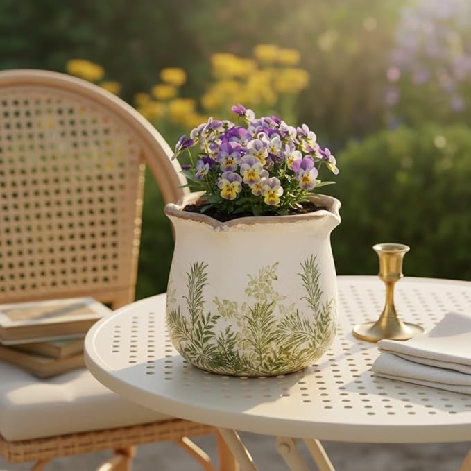 Cottagecore Ceramic Vase and Planter, 6 Inch Flower Pot with Drainage for Indoor House Plants, Country Cottage Garden Home Decor, Rustic Farmhouse Gift for Plant Lovers